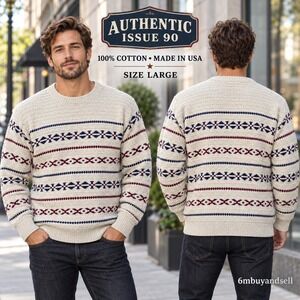 Authentic Issue 90 Mens Large Cotton Fair Isle Knit Sweater Cream Navy Burgundy